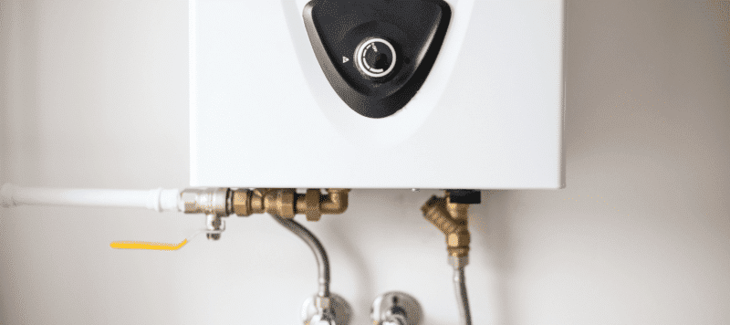 the bottom half of a tankless water system which is installed into the wall of a San Rafael home